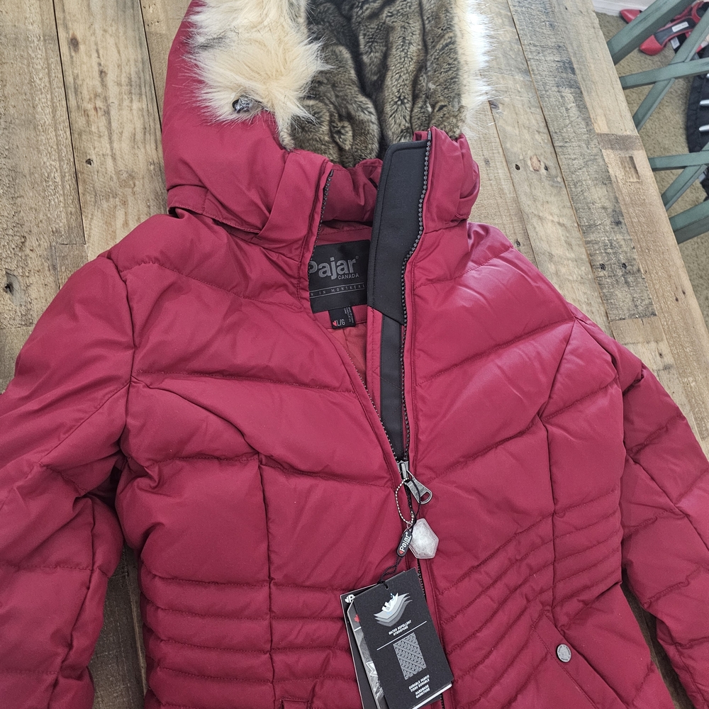 Pajar Red Puffer Jacket with Faux Fur Hood